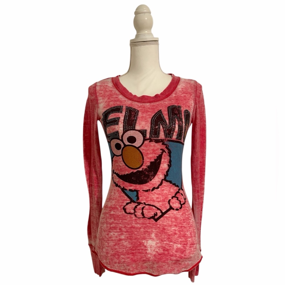 Sesame Street Heathered Pink-Red Elmo Graphic Long Sleeve Studded Shirt Med Jr